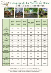 tarifs hébergements 2026
