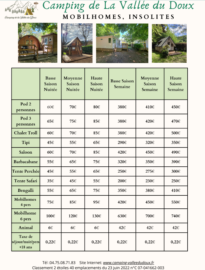 tarifs  hébergements 2026