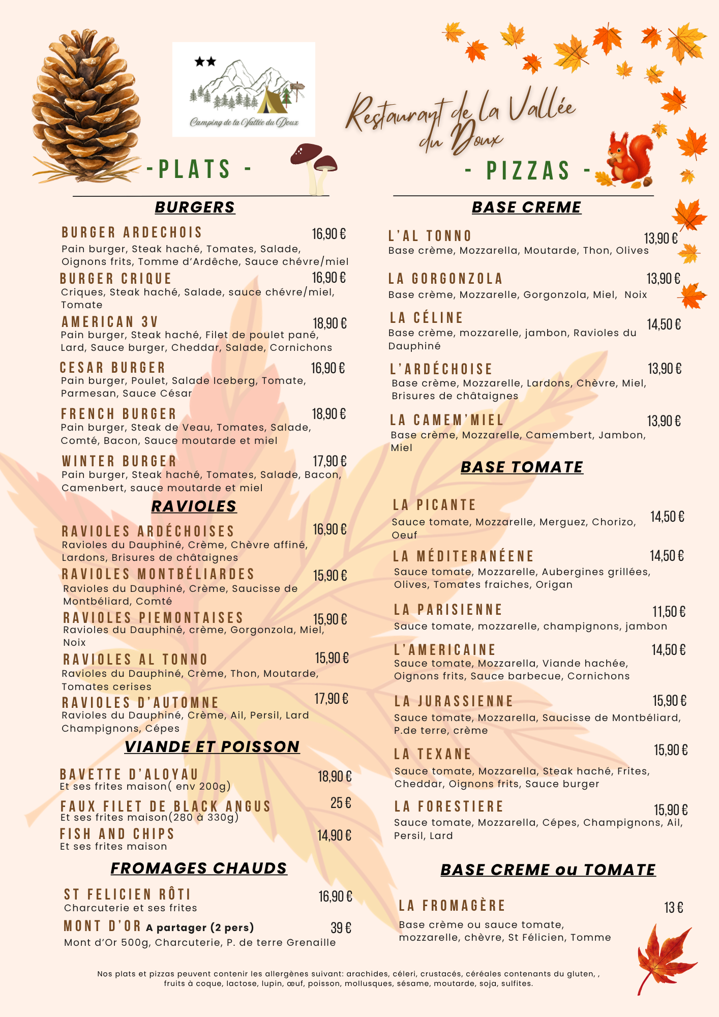 carte hiver restaurant vallee du doux